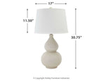 Ceramic table lamp with cream base and white shade; shown with size measurements