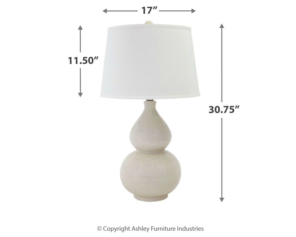 Ceramic table lamp with cream base and white shade; shown with size measurements