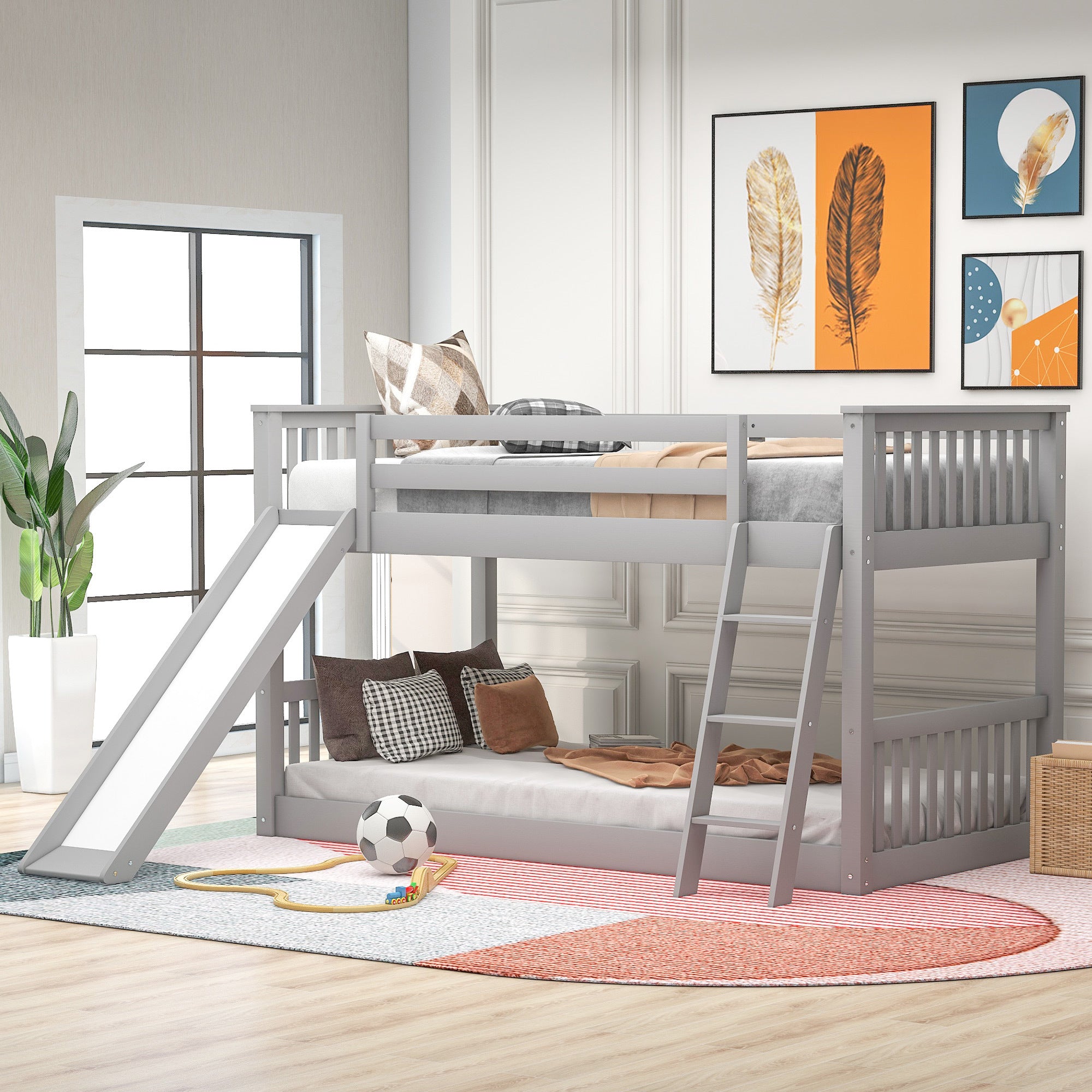 Gray Twin Over Twin Bunk Bed with Convertible Slide & Ladder