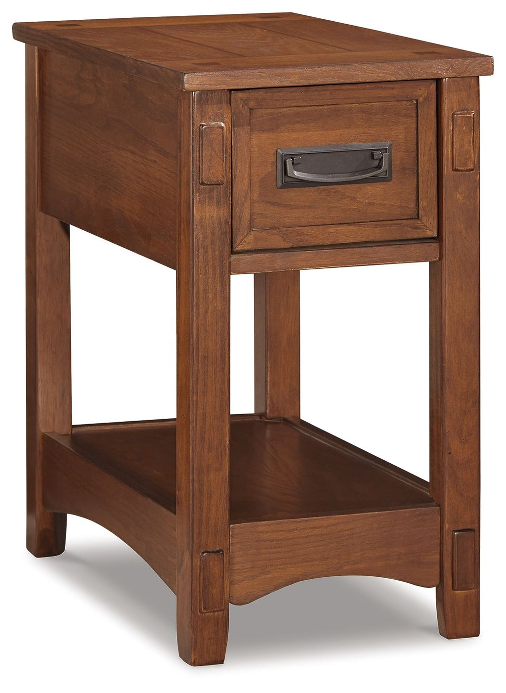 Brown wooden chair side end table with one drawer and open lower shelf