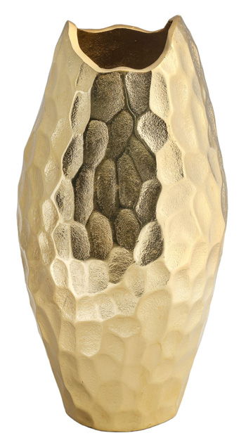 Gold hammered tall vase with faceted texture and dark inner opening, tapered silhouette