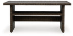 Brown rectangular multi-use table with woven sides and open shelf