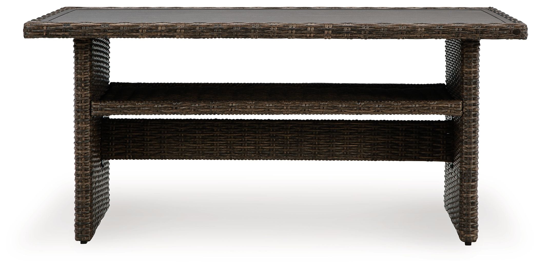 Brown rectangular multi-use table with woven sides and open shelf