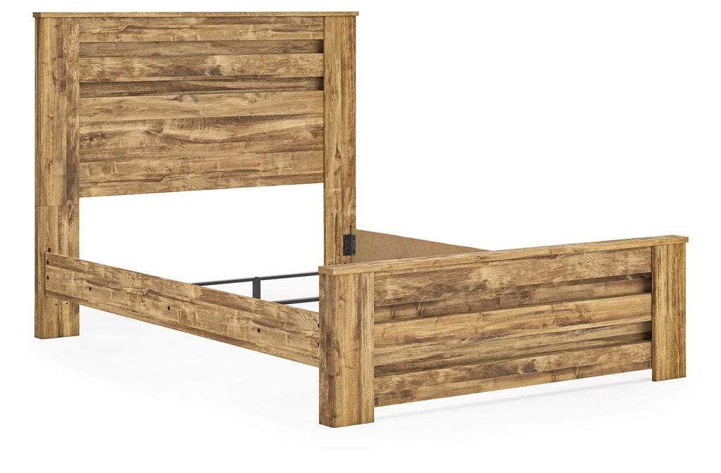 Light brown panel bed frame with slatted headboard and footboard, no bedding