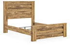 Light brown panel bed frame with slatted headboard and footboard, no bedding