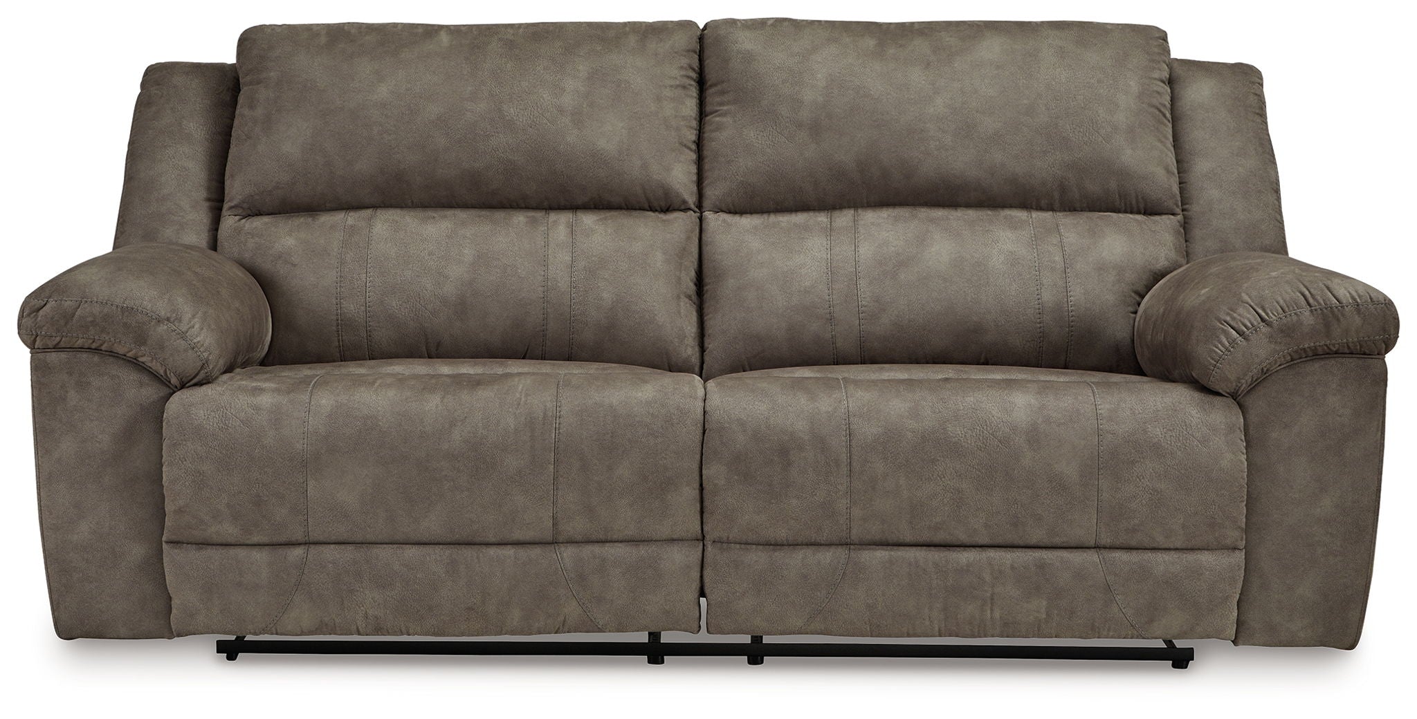 Reclining sofa in dark brown fabric with tufted back cushions and armrests