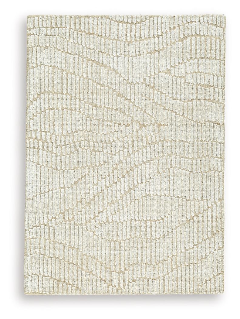 Beige rug with diagonal zigzag and looped texture pattern