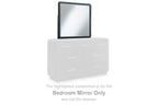 Black square mirror on top of a white dresser unit.