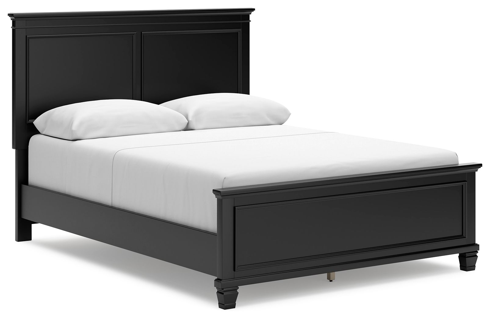 Black panel bed with one large drawer and white mattress, paneled headboard