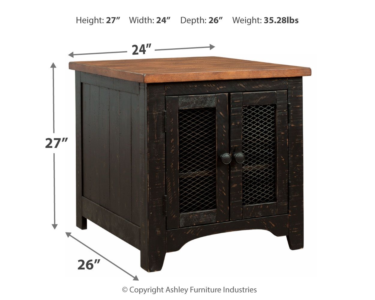 Rectangular end table with wire-mesh double doors and wood tabletop, dark distressed finish