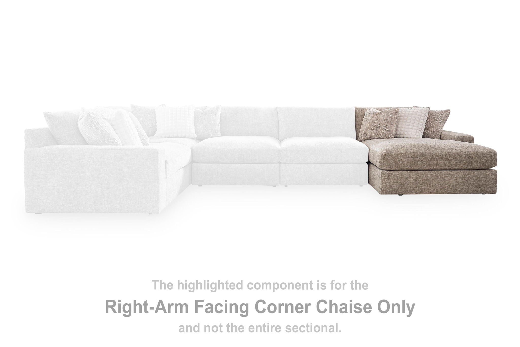 Right-arm facing corner chaise component with cushioned arms and back cushions