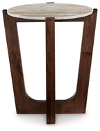 Warm brown round end table with round top and four-leg frame