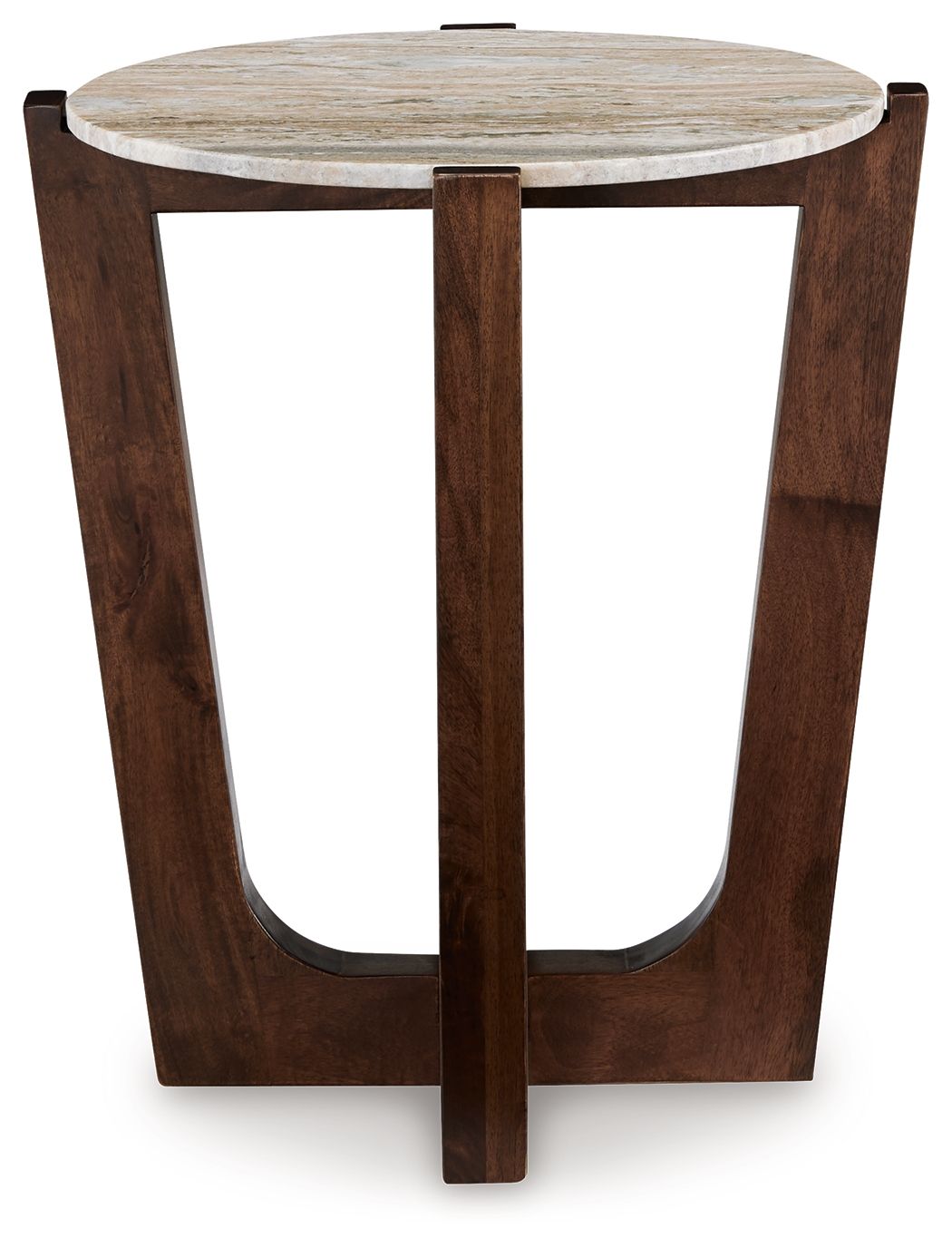 Warm brown round end table with round top and four-leg frame