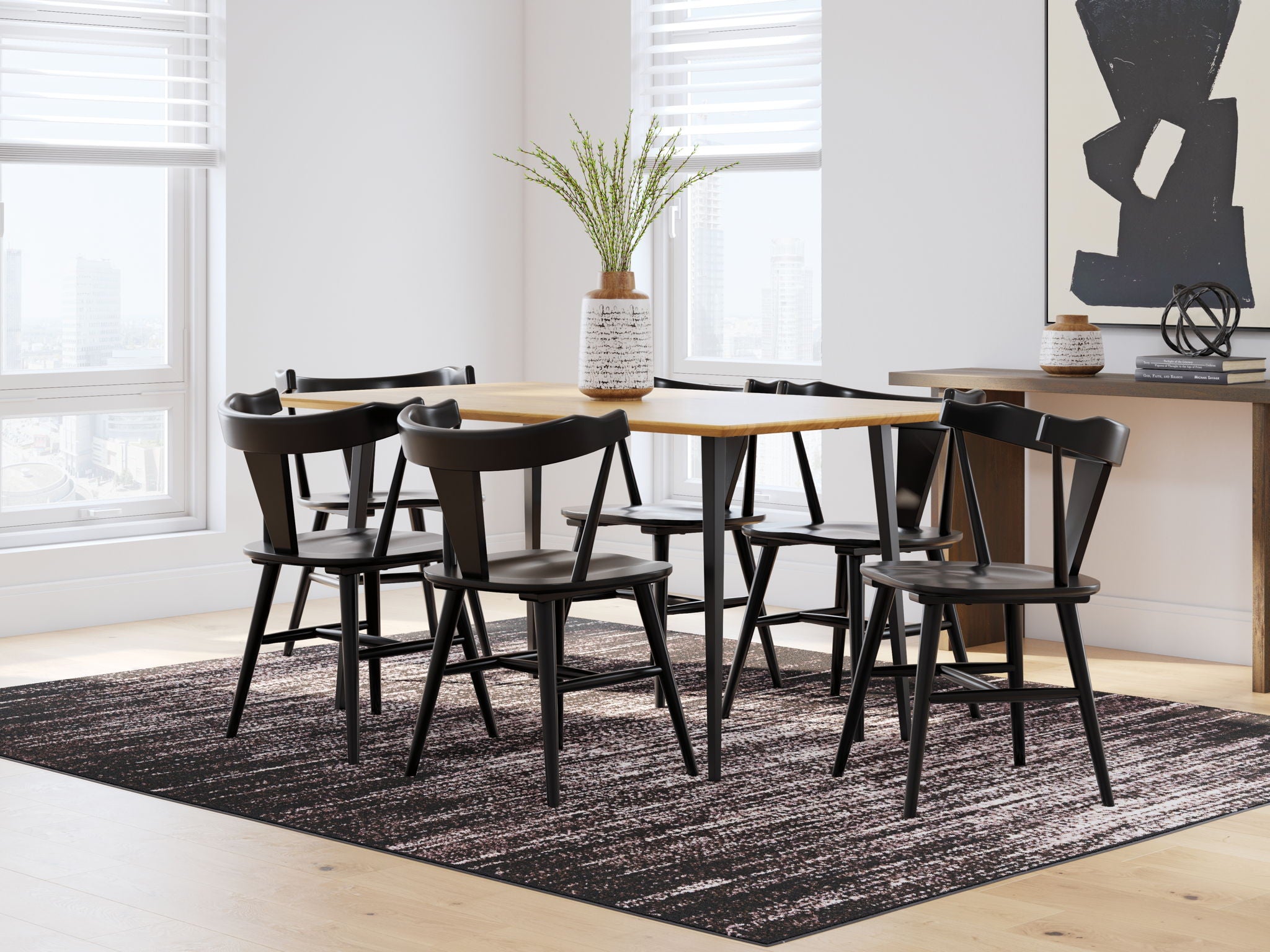 Light brown dining table with six black chairs, dining room set