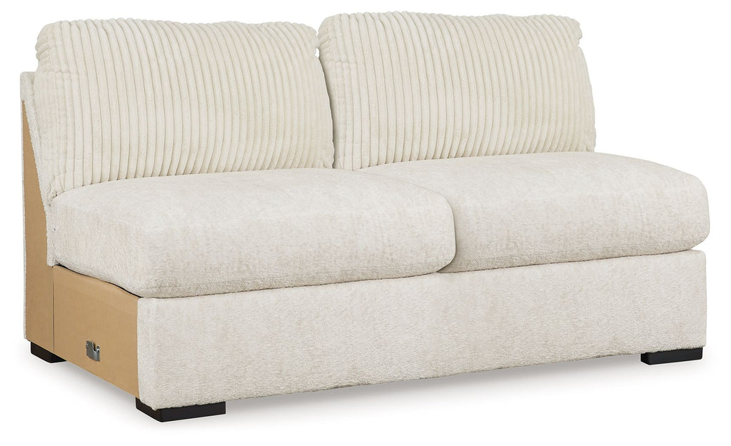 Ivory armless loveseat with ribbed back cushions and wide seat, black feet