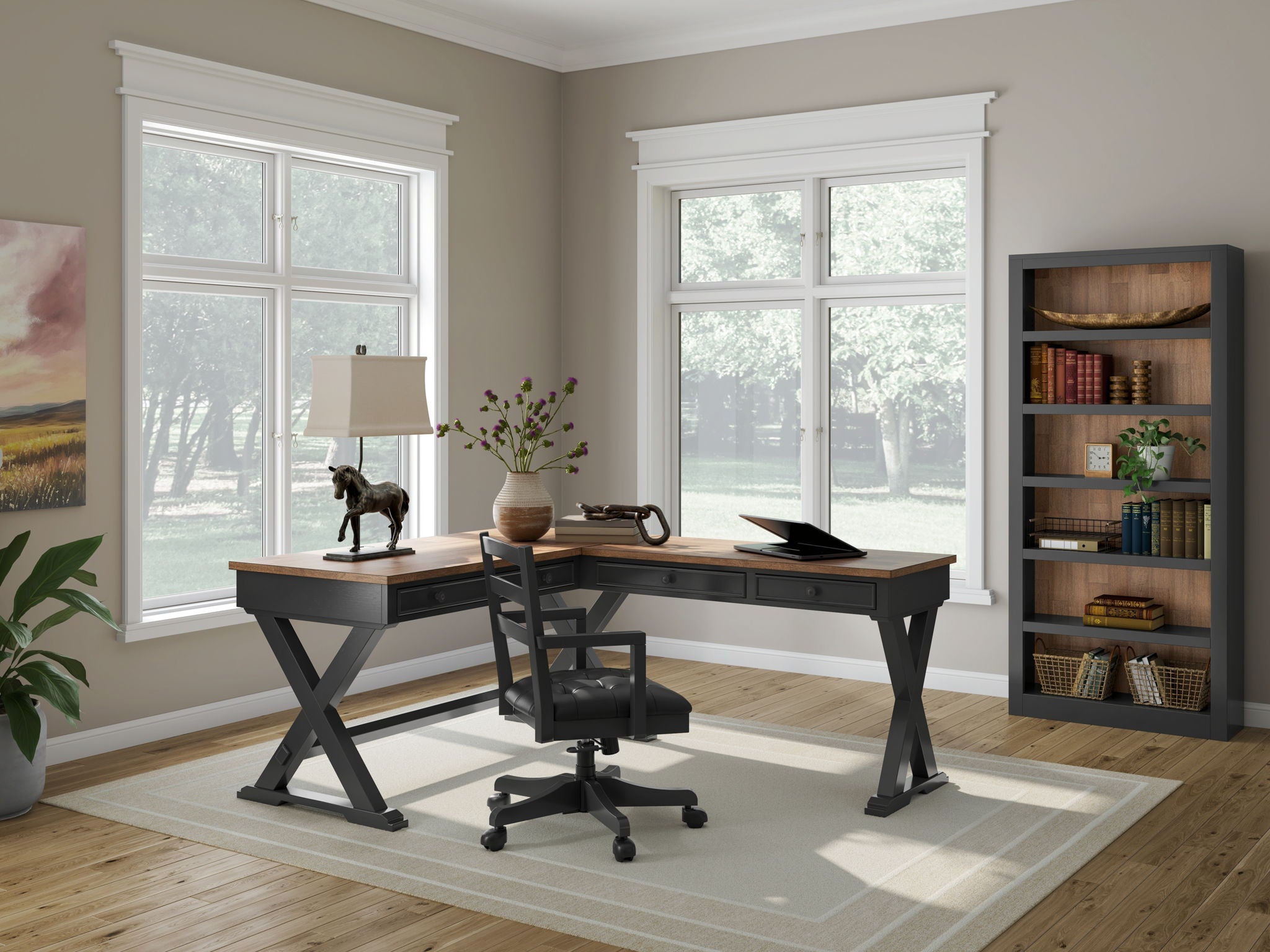Home office desk set with brown worktops, black legs, swivel chair, and bookcase