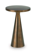 Round accent table with dark top and light bronze pedestal base
