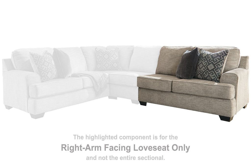 Stone upholstered loveseat with square arms and back cushions, shown as right-arm facing section