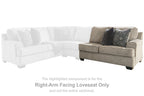 Stone upholstered loveseat with square arms and back cushions, shown as right-arm facing section