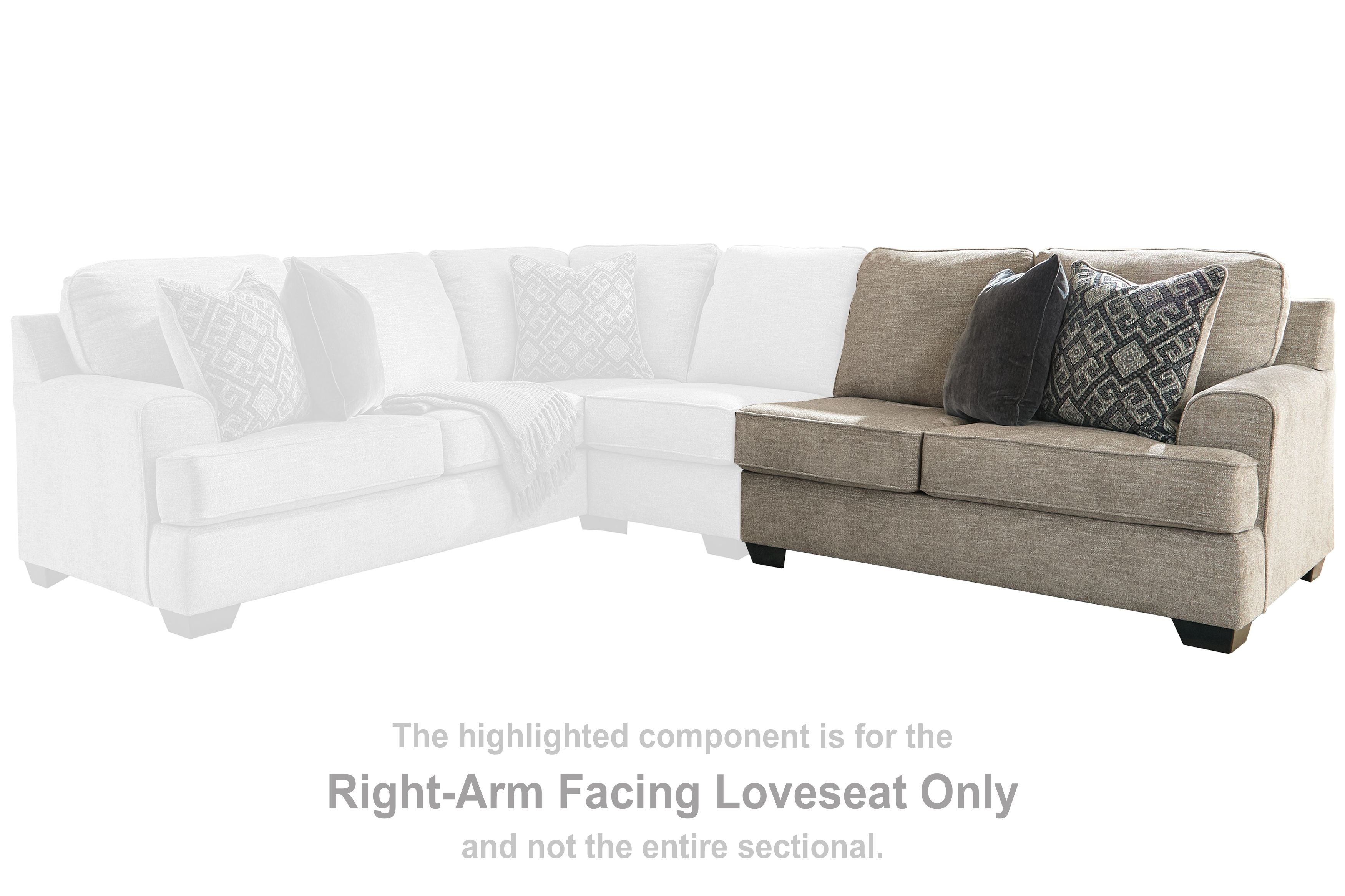 Stone upholstered loveseat with square arms and back cushions, shown as right-arm facing section