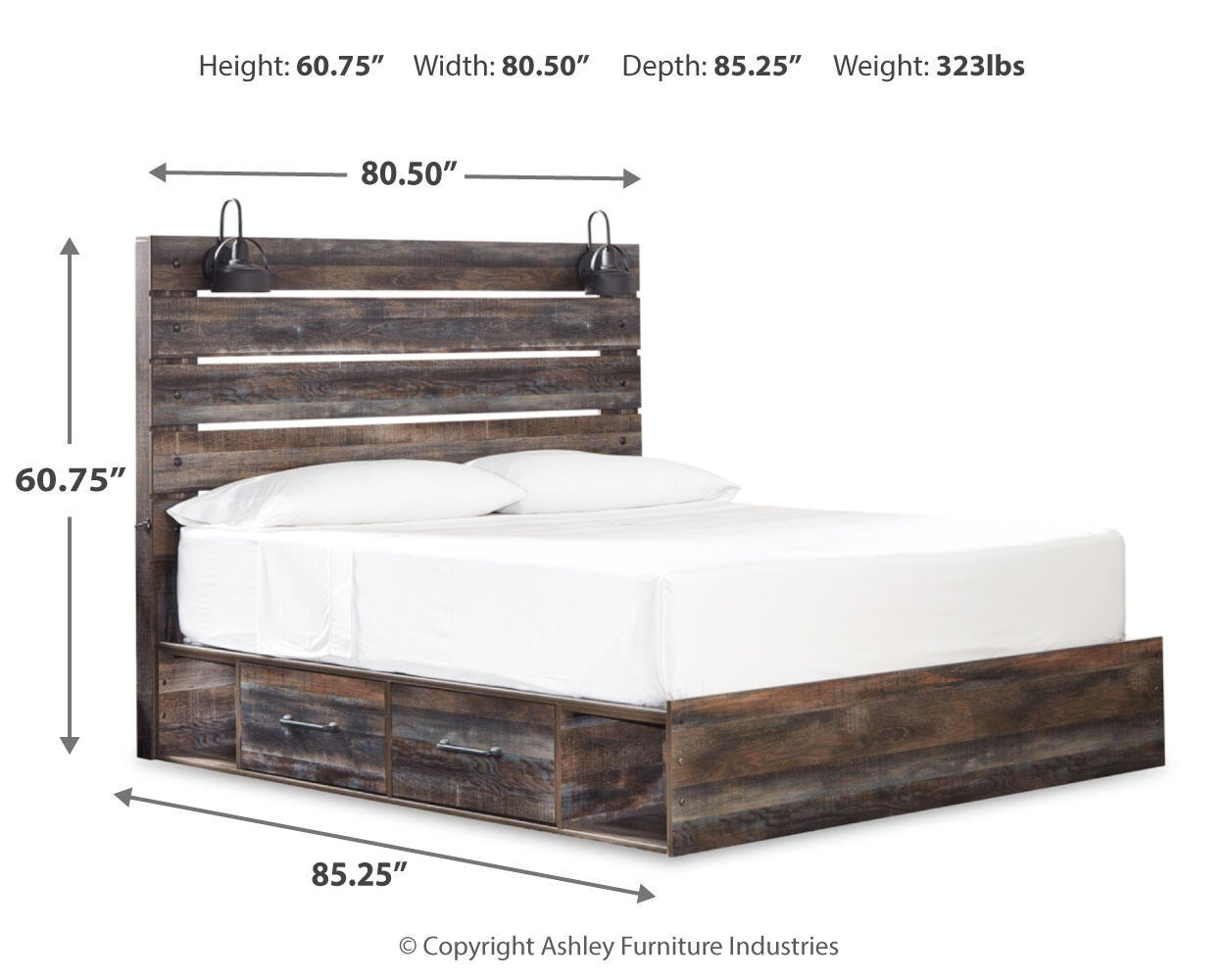 Dark wood panel bed frame with headboard panels and two side drawers