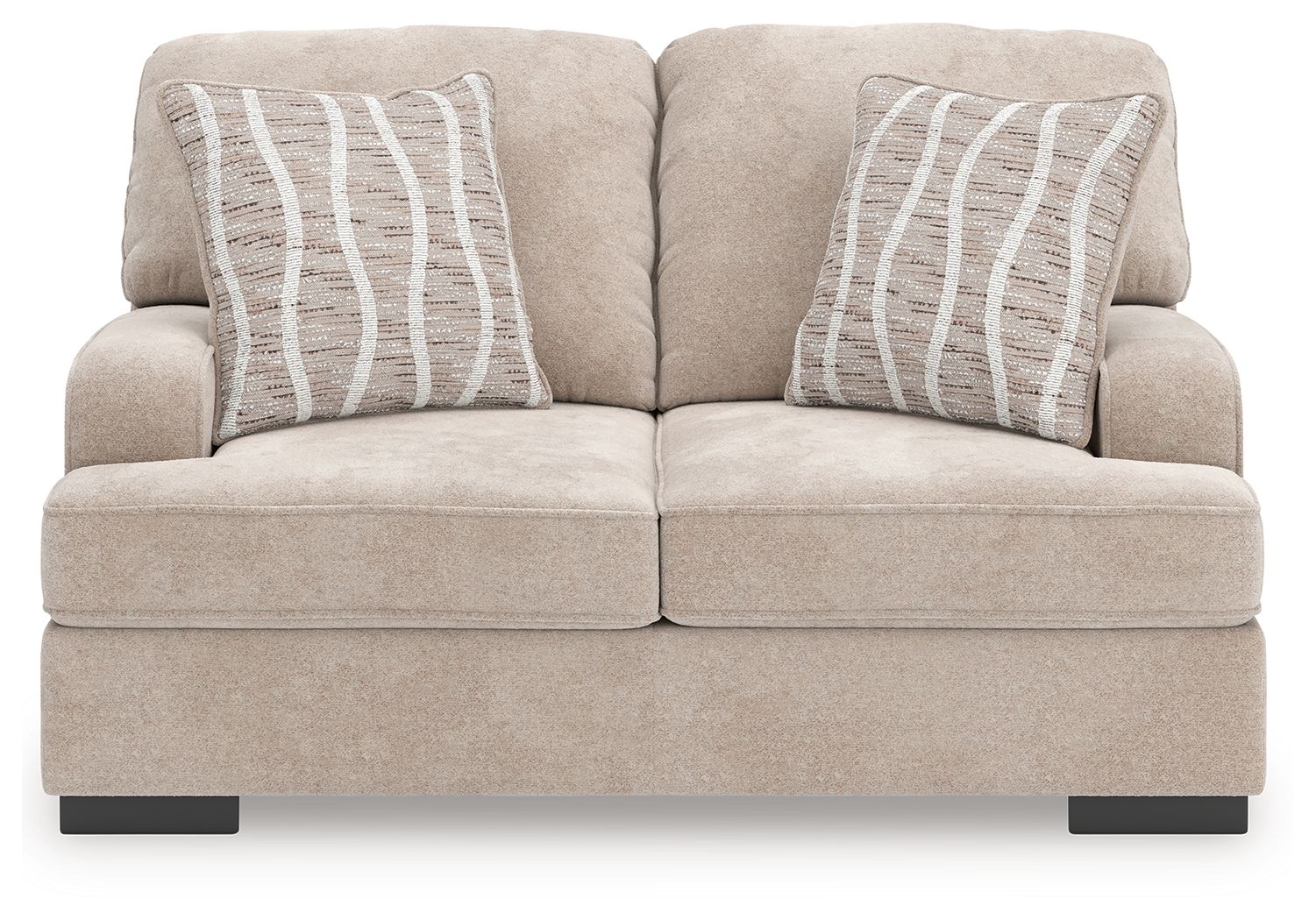 Taupe loveseat with two back cushions and two gray striped pillows, low black legs