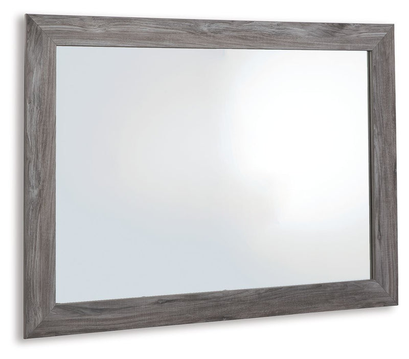 Dark gray wood-look framed bedroom mirror, rectangular with beveled border
