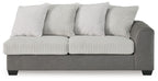 Gray sofa with ribbed cushion back, three throw pillows, and thick side arms