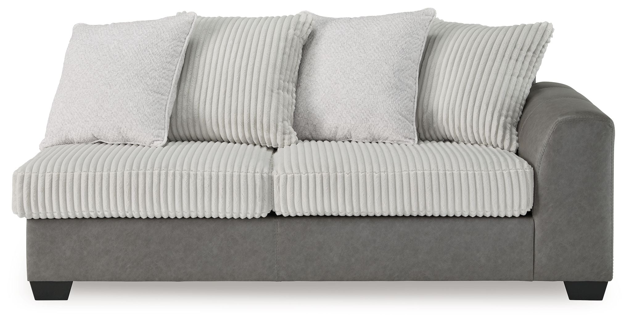 Gray sofa with ribbed cushion back, three throw pillows, and thick side arms
