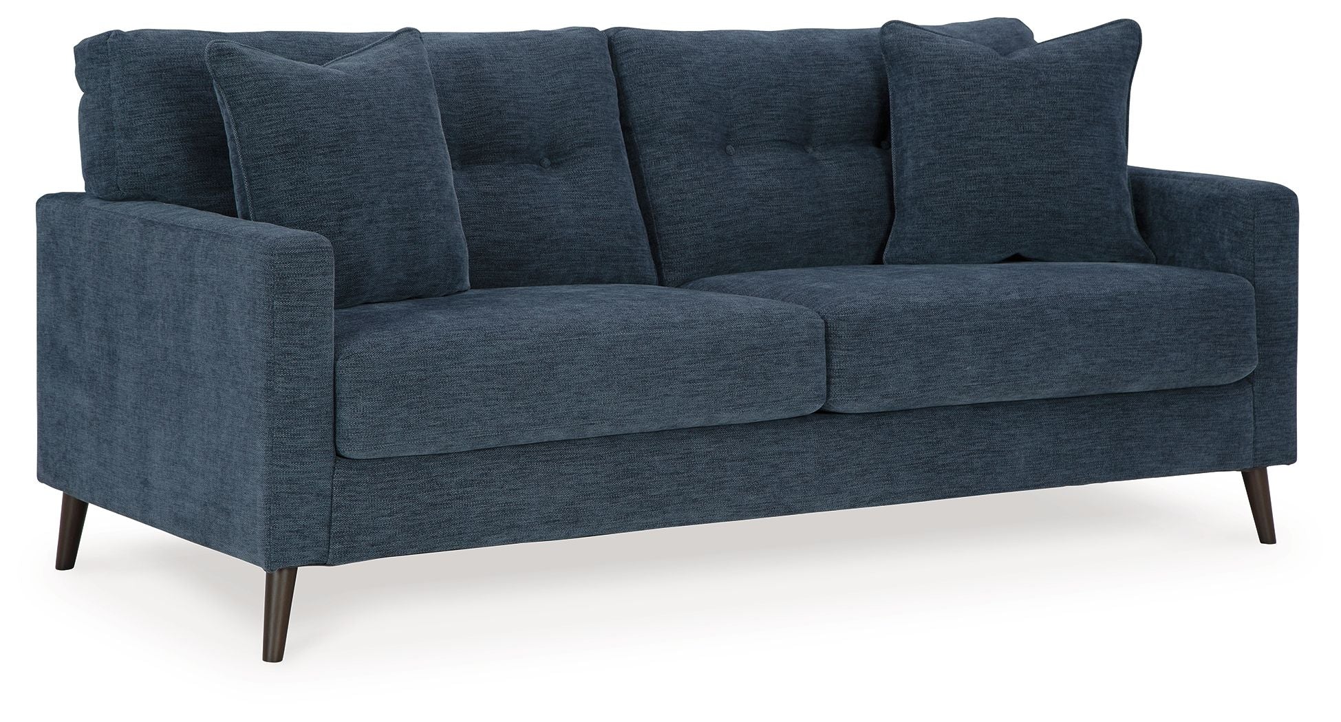 Blue upholstered sofa with three back cushions and wide track arms