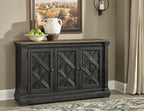 Dark gray sideboard cabinet with three doors and cross-brace panel details