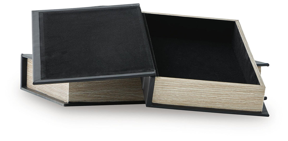 Black box set of 2 fabric storage boxes with open lids showing dark interiors