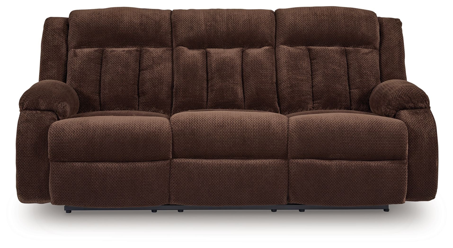 Chocolate brown reclining power sofa with three-seat cushions and padded armrests