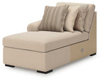 Beige left-arm corner chaise with three throw pillows and black tapered legs