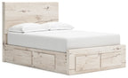 Beige panel bed with two front storage compartments and smooth upholstered side panels