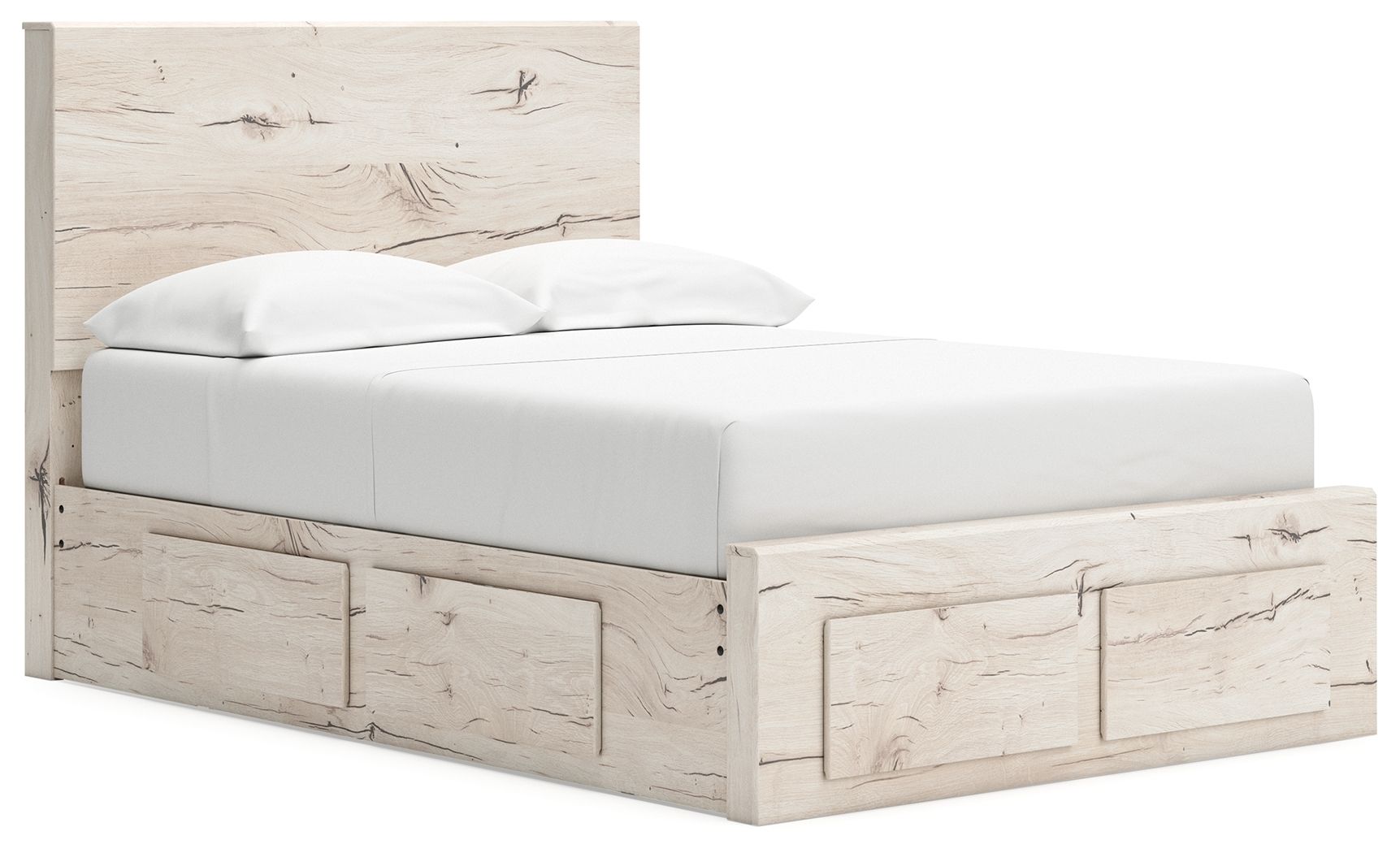 Beige panel bed with two front storage compartments and smooth upholstered side panels