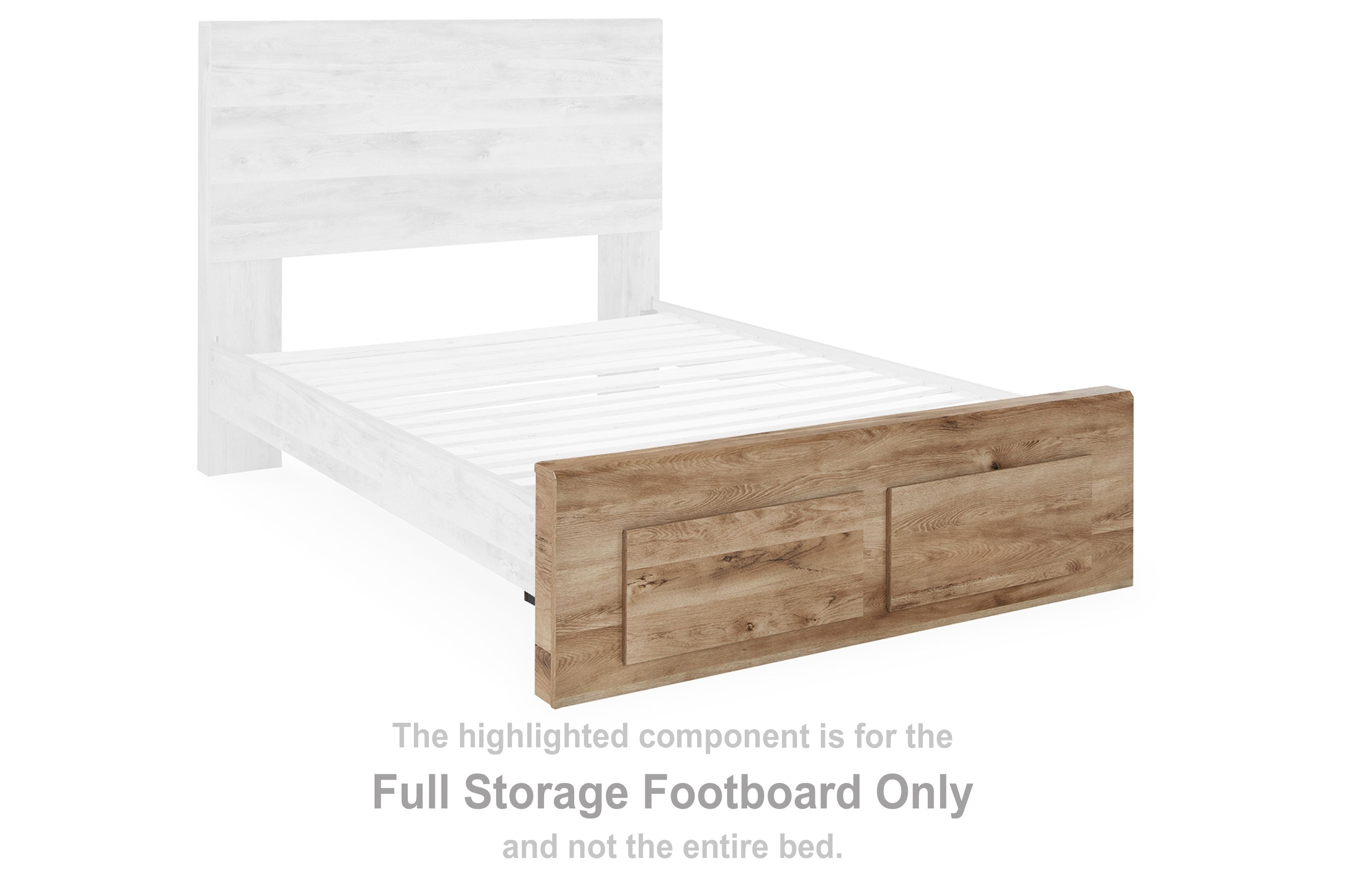 Tan wood full storage footboard with two drawers on bed frame