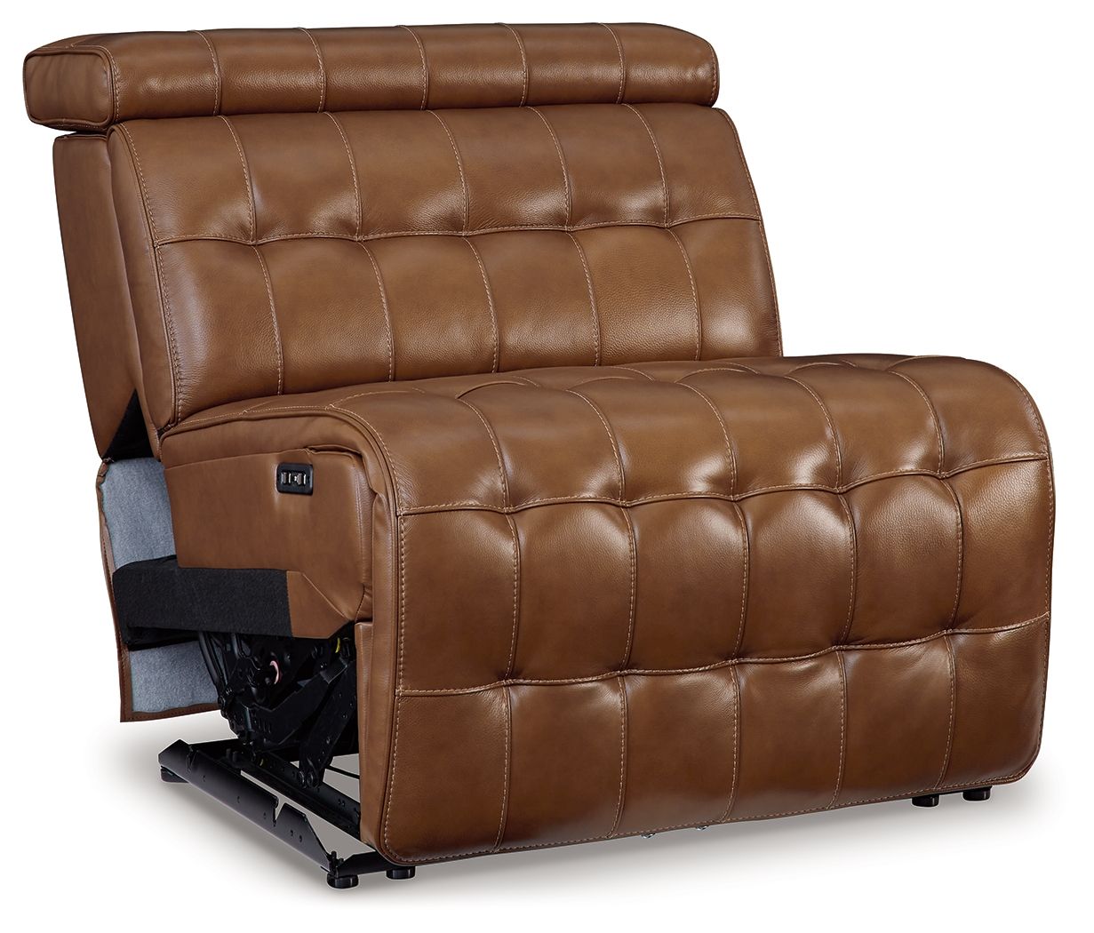 Brown leather power armless recliner with padded headrest and tufted cushions