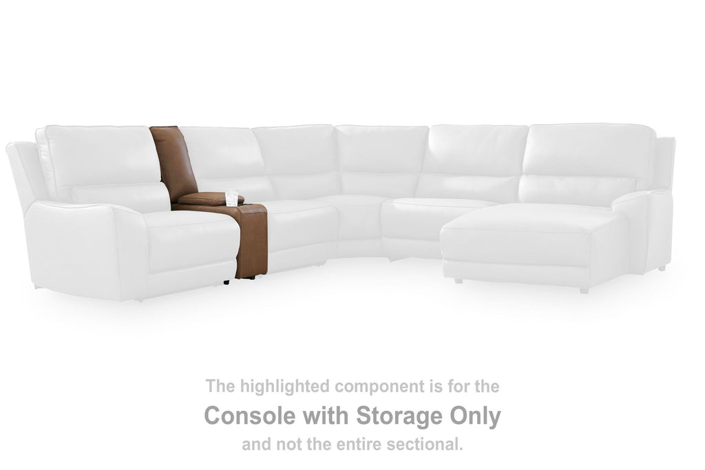 Caramel console storage section with two front doors, shown highlighted in a sectional