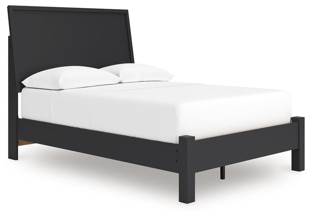 Black full panel bed with low footboard, tall headboard, white mattress and pillows