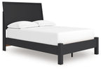 Black full panel bed with low footboard, tall headboard, white mattress and pillows