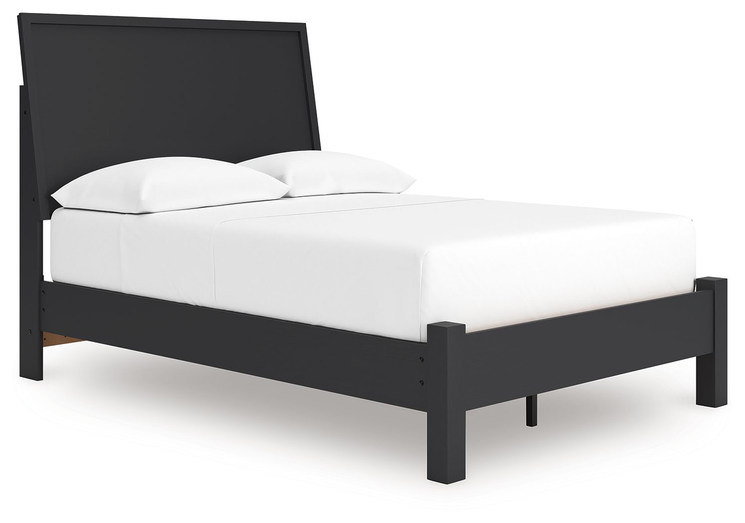 Black full panel bed with low footboard, tall headboard, white mattress and pillows