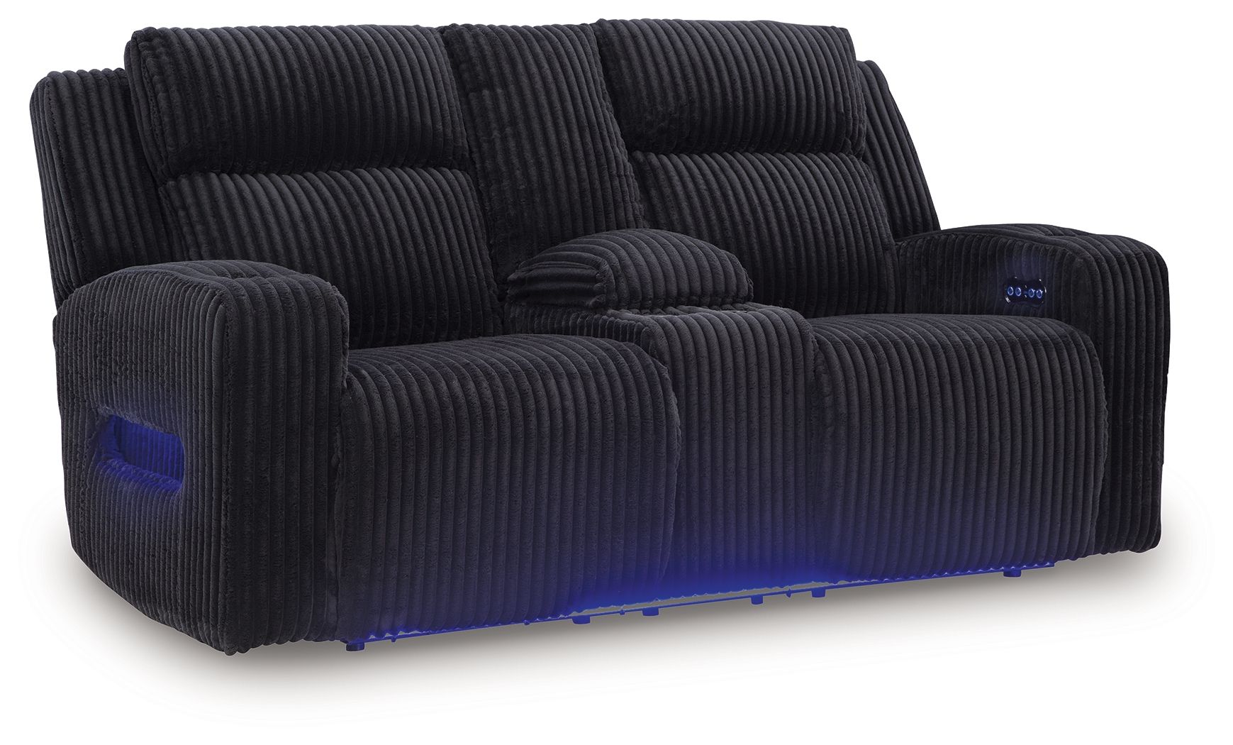 Power reclining loveseat with console armrests and adjustable headrests, black ribbed fabric