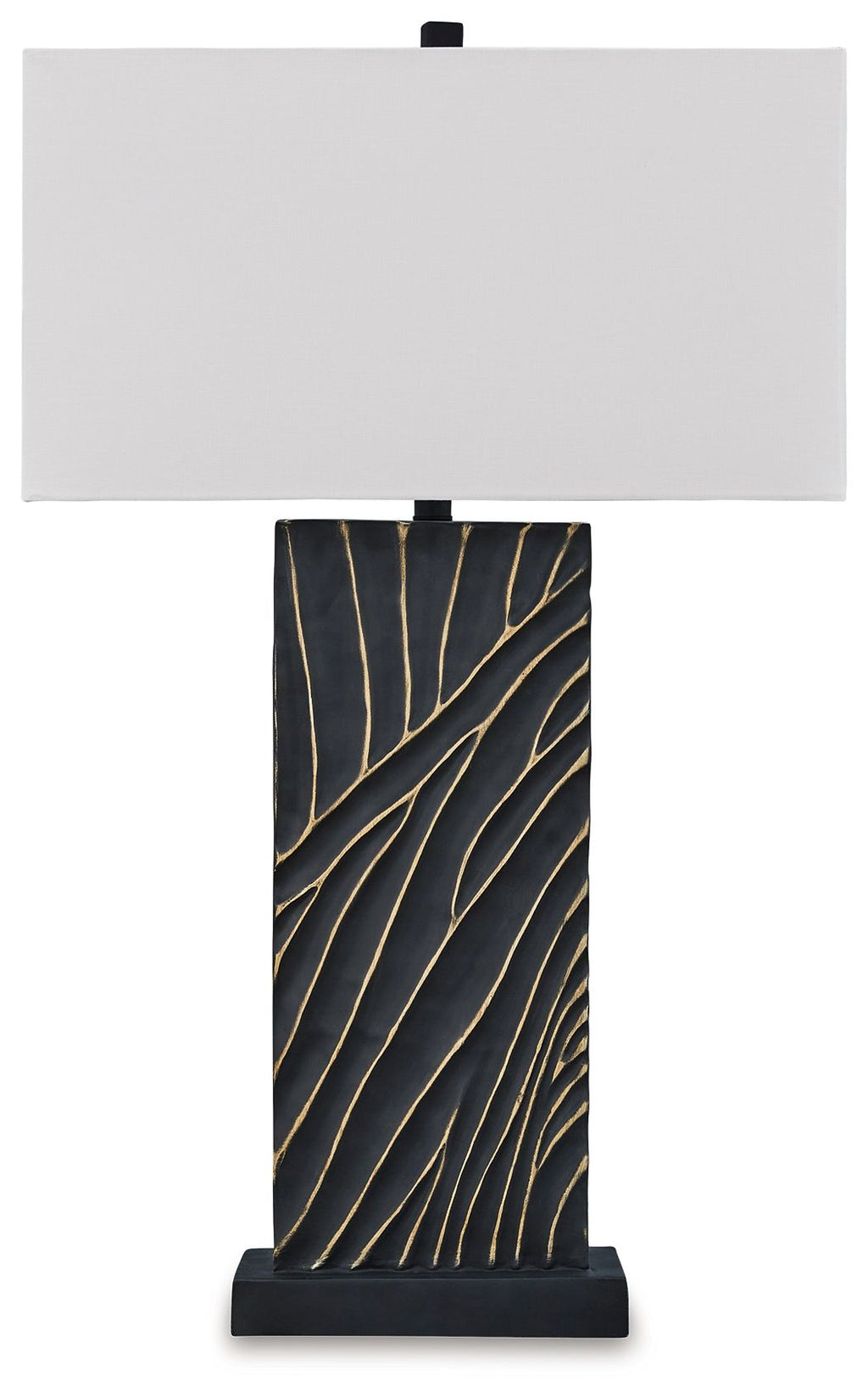 Black table lamp with white fabric shade and gold linear pattern base