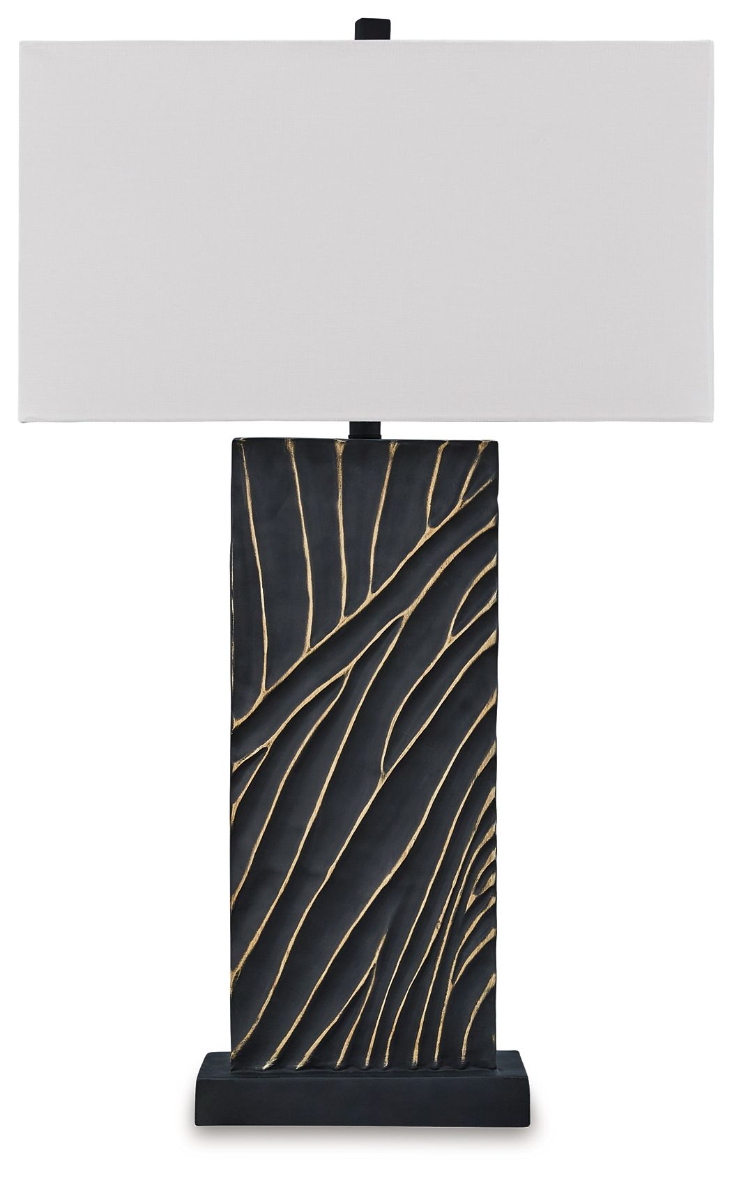 Black table lamp with white fabric shade and gold linear pattern base