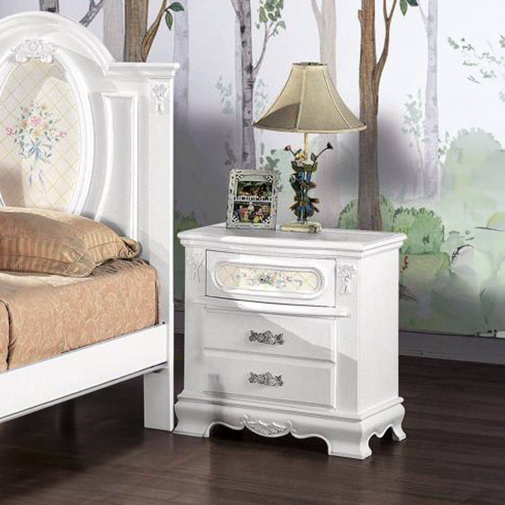 White 2-Drawer Nightstand with Floral Motifs - Bedside Table Decor
