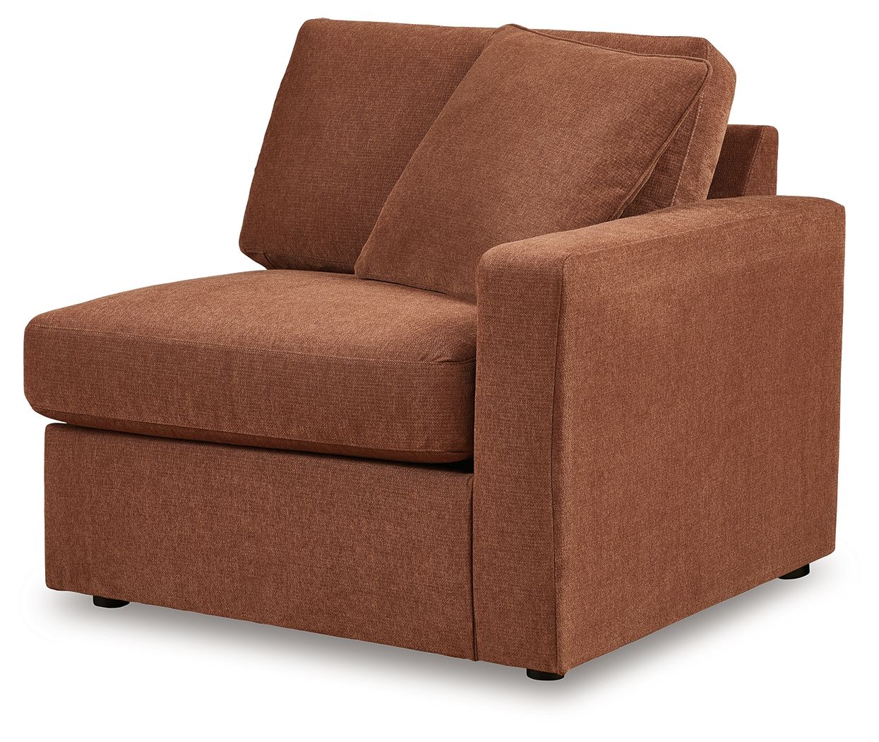 Spice brown fabric corner chair with rolled arms and thick seat and back cushions