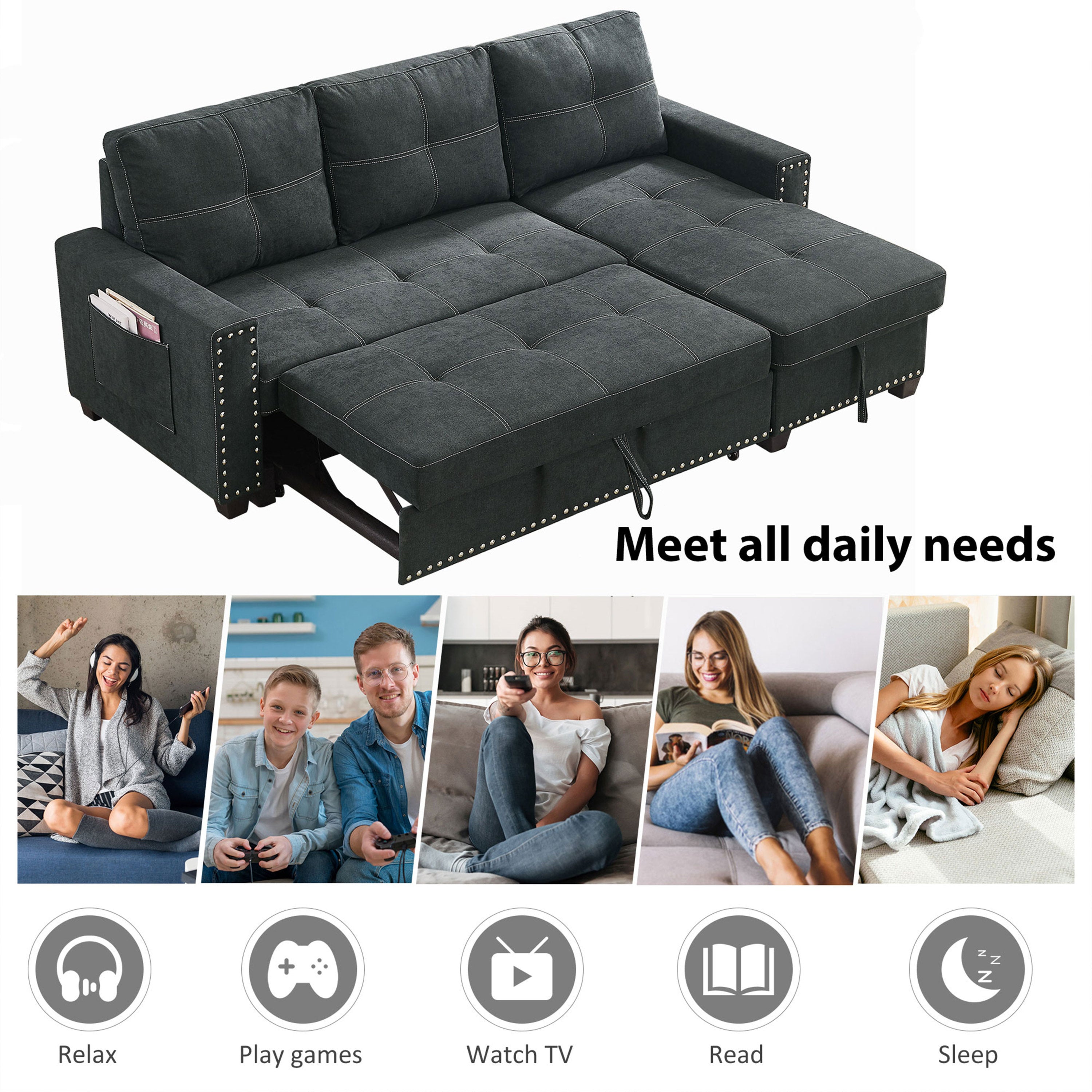 82" Reversible Sleeper Sofa Bed Sectional with Storage Chaise - Side Storage Bag, Silver Rivet Accents - Stylish Living Room Furniture