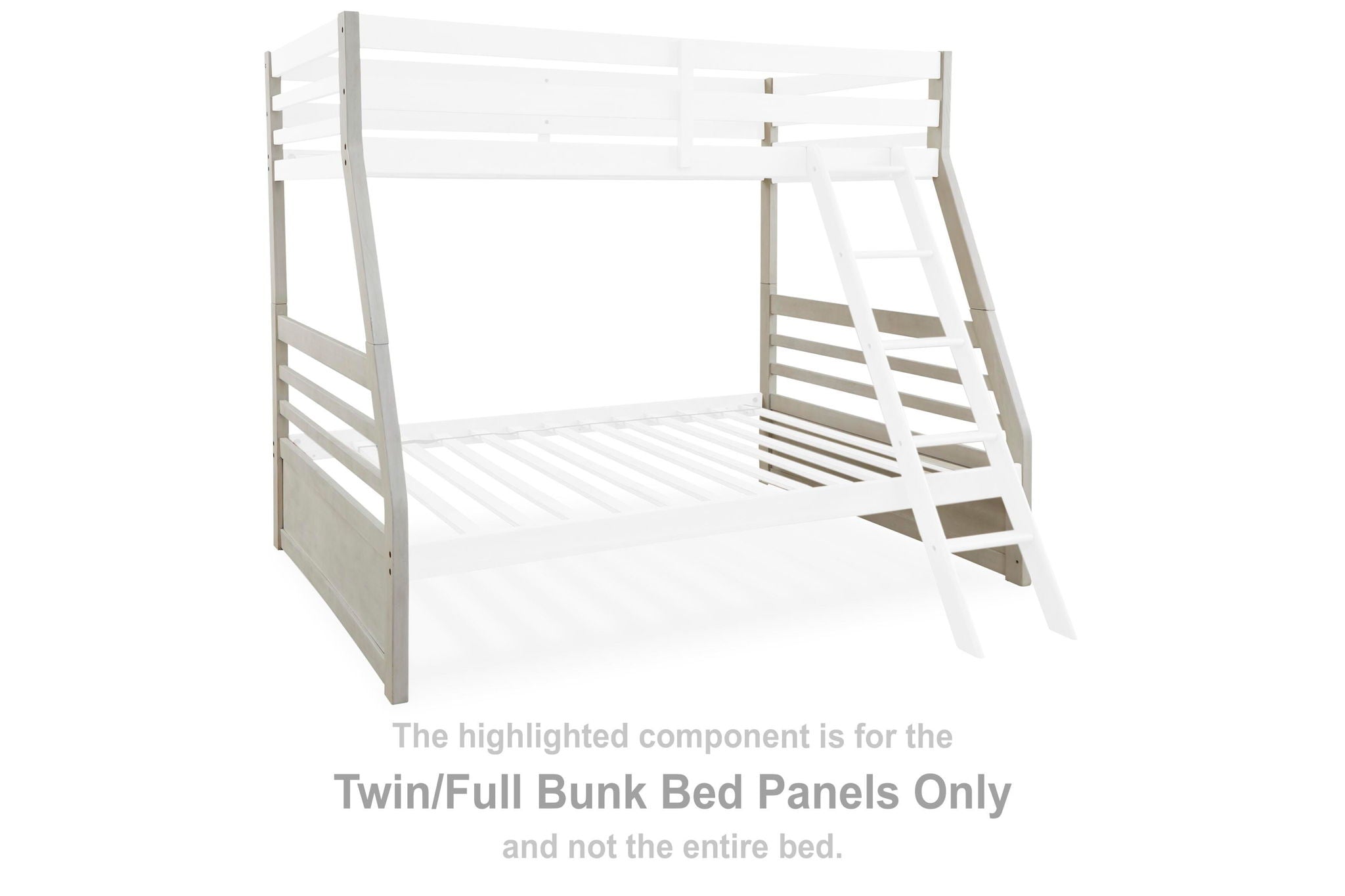 Antique white twin/full bunk bed panels with ladder side rails and guard openings