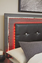 Gray panel bed frame with dark tufted headboard and red LED light strip